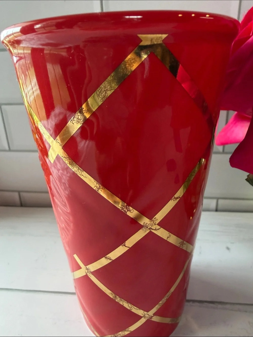 Starbucks Red Ceramic Tumbler with Gold Accents